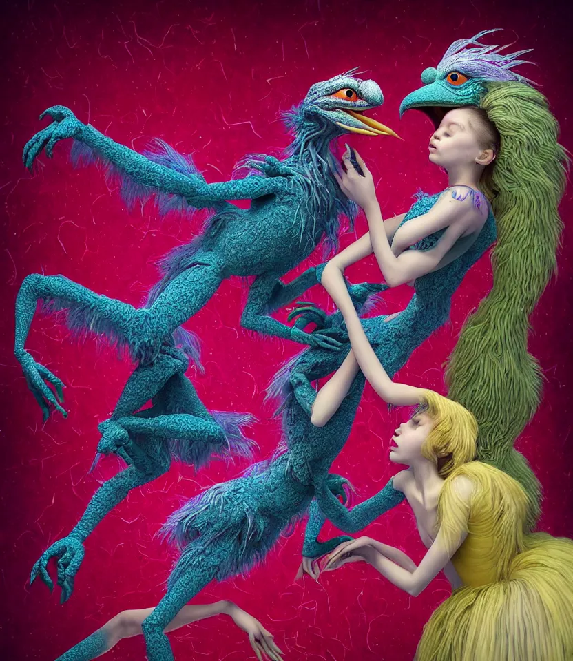 Image similar to hyper detailed 3d render like a Oil painting - kawaii portrait of lovers Aurora (a beautiful girl skeksis muppet fae princess protective playful expressive acrobatic from dark crystal that looks like Anya Taylor-Joy) seen red carpet photoshoot in UVIVF posing in scaly dress to Eat of the Strangling network of yellowcake aerochrome and milky Fruit and His delicate Hands hold of gossamer polyp blossoms bring iridescent fungal flowers whose spores black the foolish stars by Jacek Yerka, Ilya Kuvshinov, Mariusz Lewandowski, Houdini algorithmic generative render, golen ratio, Abstract brush strokes, Masterpiece, Edward Hopper and James Gilleard, Zdzislaw Beksinski, Mark Ryden, Wolfgang Lettl, hints of Yayoi Kasuma and Dr. Seuss, Grant Wood, octane render, 8k