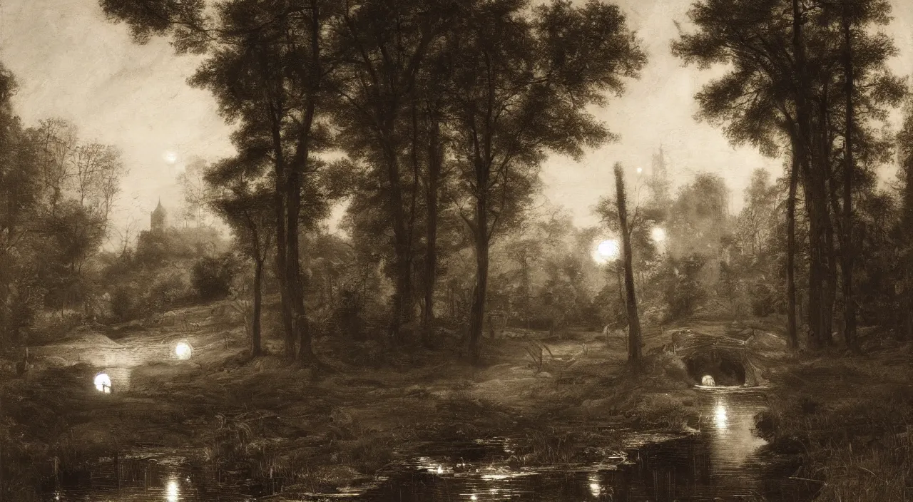 Prompt: nighttime, dark, lit by the moon, woodland, steam emerging from culvert under path and flowing into pond, to the right a large dark, cylindrical stone tower building, vladimir motsar and tyler edlin and john william waterhouse and morgan weistling