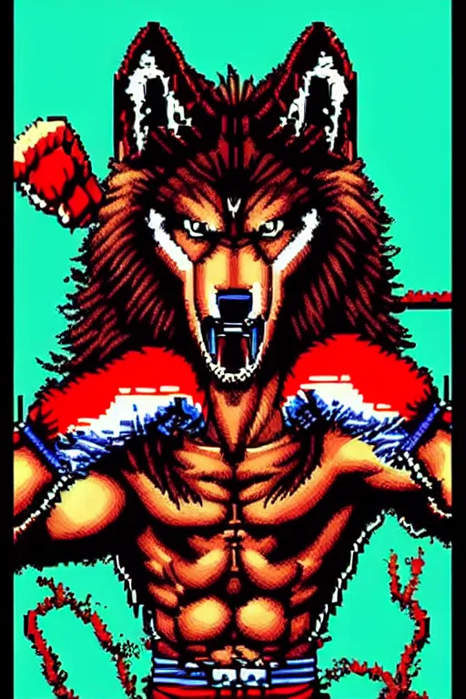 Prompt: extreme long shot. 8 bit nes graphics. antropomorphic muscular masculine wolf. kickboxer fighter, in shorts. wolf head. fine details, very sharp, art from nes game cartridge, 8 0's, vhs artefacts, vaporwave style, marc simonetti and hermann nitsch. kung fury movie