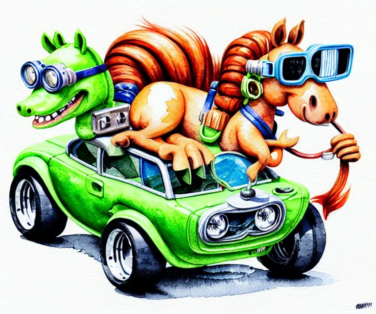 Prompt: cute and funny, horse wearing goggles driving a tiny hot rod with an oversized engine, ratfink style by ed roth, centered award winning watercolor pen illustration, isometric illustration by chihiro iwasaki, edited by craola, tiny details by artgerm and watercolor girl, symmetrically isometrically centered