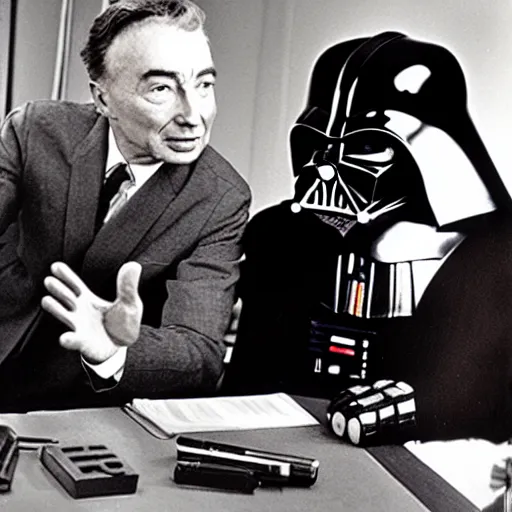 Image similar to color photo of robert oppenheimer debating with darth vader