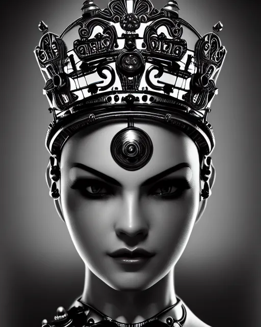 Image similar to black and white side portrait ultra detailed, beautiful female android with steampunk mechanical detailed ornate face, crown, deity, sharp focus, highly detailed global illumination, concept art. 8 k