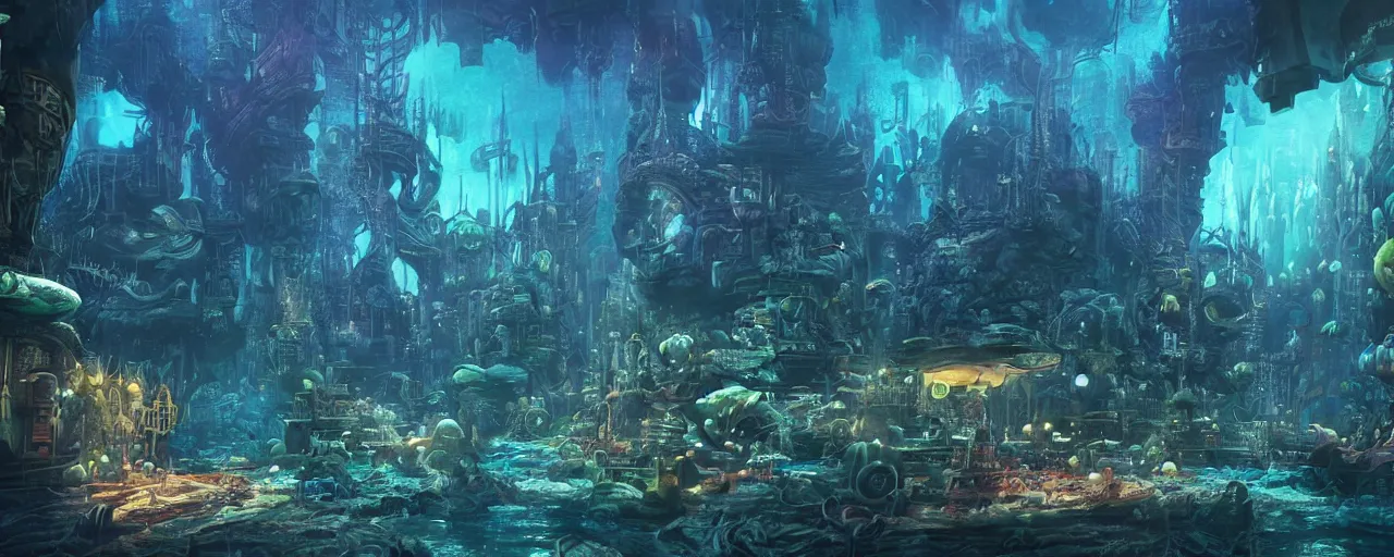 Image similar to ” underwater otherwordly city, [ deepsea, cinematic, detailed, epic, widescreen, opening, establishing, mattepainting, photorealistic, realistic textures, octane render, art by slop and paul lehr ] ”