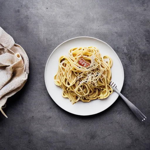 Prompt: pasta carbonara, canon eos r 3, f / 1. 4, iso 2 0 0, 1 / 1 6 0 s, 8 k, raw, unedited, symmetrical balance, in - frame