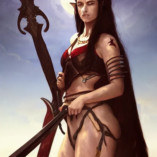 Prompt: portrait of a female berber tiefling barbarian with red skin, devil horns and black hair in a ponytail holding a large sword in a desert, fantasy, highly detailed, digital painting, artstation, concept art, character art, art by greg rutkowski, tyler jacobson, alphonse mucha, ross tran and makoto shinkai