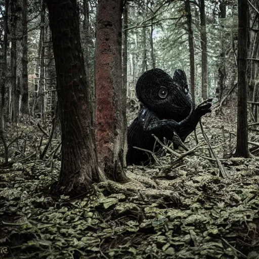 Prompt: An evil and disturbing creature discovered in the woods, Canon EOS R3, f/1.4, ISO 200, 1/160s, 8K, RAW, unedited, symmetrical balance, in-frame