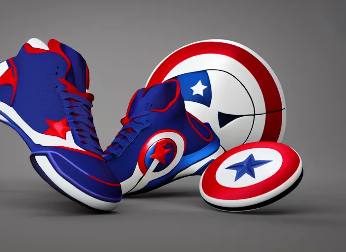 Image similar to basketball sneakers concept of captain america, picture by tim burton, render, cinema 4 d, octane render