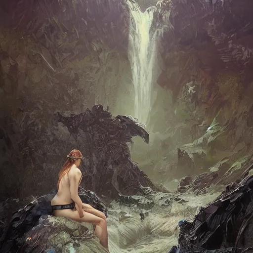 Image similar to a full body portrait of a beautiful teen post apocalyptic offworld neoicelandic biofarmer swimming by the waterfalls, intricate, elegant, highly detailed, digital painting, artstation, concept art, smooth, sharp focus, illustration, art by krenz cushart and artem demura and alphonse mucha
