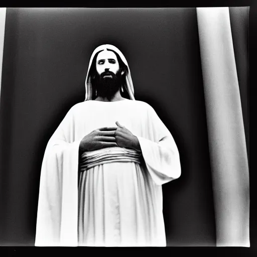 Image similar to photo of Jesus Christ by Diane Arbus, black and white, high contrast, Rolleiflex, 55mm f/4 lens