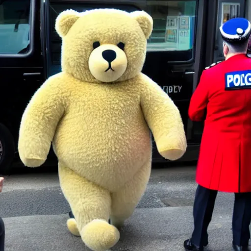 Prompt: Pudsey the bear being arrested by the police after a night out at wetherspoons, photorealistic, 4k