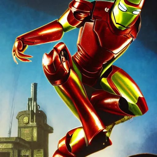 Image similar to Kermit the Frog as Iron Man by P. Craig Russell and Barry Windsor-Smith, Sesame Street, 8k octane beautifully detailed render, post-processing, extremely hyperdetailed, intricate, epic composition, grim yet sparkling atmosphere, cinematic lighting + masterpiece