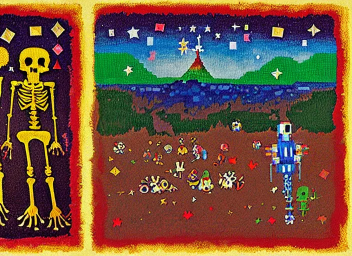 Image similar to pixel decollage painting tarot lovers card composition tower of babel road red armor maggot bear and wonky alien frog skeleton knight on a horse in a dark red cloudy night sky with golden foil jewish stars and diamonds, mountain lake and blossoming field in background, painted by Mark Rothko, Helen Frankenthaler, Danny Fox and Hilma af Klint, pixelated, neo expressionism, semi naive, pastel colors, cinematic, color field painting, cave painting, voxel, pop art look, outsider art, minimalistic. Bill Traylor painting, part by Philip Guston, Amano and Francis Bacon. art by Adrian Ghenie and Storm Thorgerson, very coherent symmetrical artwork, cinematic, hyper realism, high detail, octane render, unreal engine, Smooth gradients, depth of field, full body character drawing, extremely detailed, 8k, extreme detail, intricate detail, masterpiece