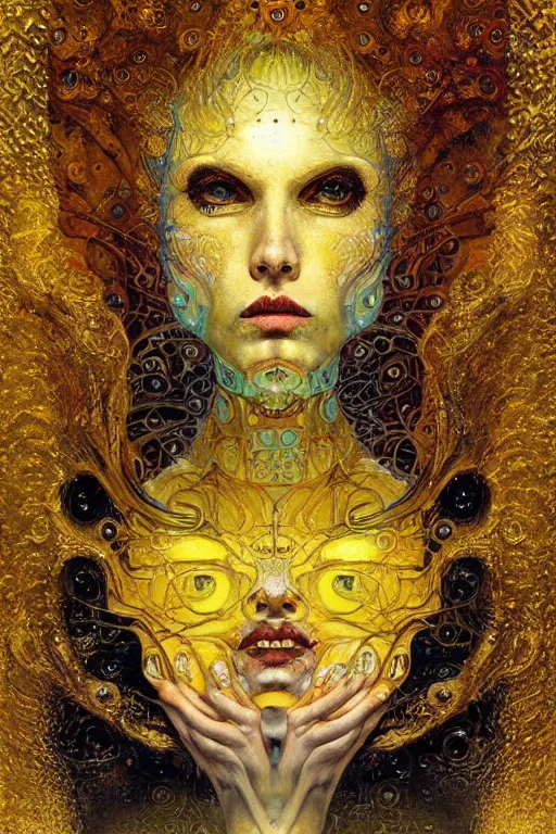 Image similar to Machinery of Fate by Karol Bak, Jean Deville, Gustav Klimt, and Vincent Van Gogh, enigma, otherworldly, fractal structures, prophecy, arcane, ornate gilded medieval icon, third eye, spirals