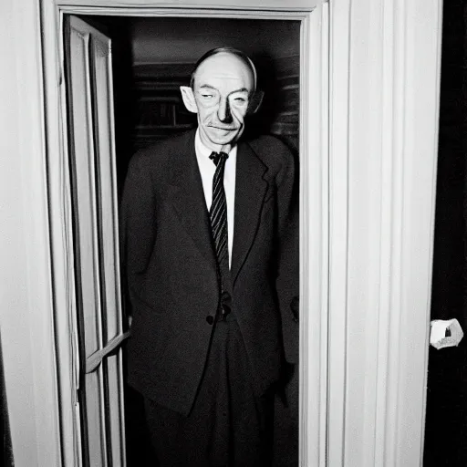 Prompt: grainy photo of clement atlee as a creepy monster in a closet, harsh flash
