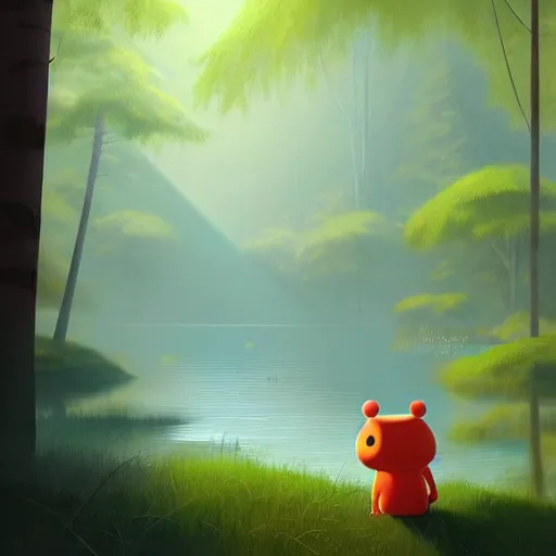 Image similar to goro fujita ilustration a beautiful forest with tall and short trees, with lots of vegetation, reflected in a lake, the rays of light go through the forest,, round characters with two eyes, painting by goro fujita, sharp focus, highly detailed, artstation