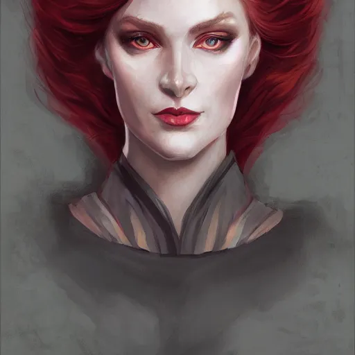 Image similar to a detailed matte head - on portrait painting of an middle - aged tiefling elegant and distinguished noblewoman with golden eyes and short long flowing red hair, by charlie bowater, lise deharme, wlop, tending on arstation, dungeons and dragon, dnd, pathfinder, fanart, oil on canvas