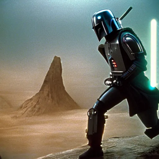 Prompt: 35mm film still jedi mandalorian training with laser sword on an epic mountain, blade runner set in a rainy tropical forest, cool colors, moody, by Alex grey