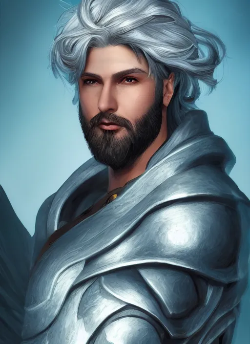 Prompt: comic book style portrait painting of an aasimar paladin, male, big angel wings on back, silver hair, short brown beard, d & d concept art, unreal 5, daz, teal aesthetic, octane render, cosplay, rpg portrait, dynamic lighting