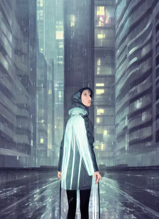 Image similar to a realistic portrait of a beautiful woman wearing a futuristic transparent raincoat with hoodie in a dystopian city, raining, by ilya kuvshinov