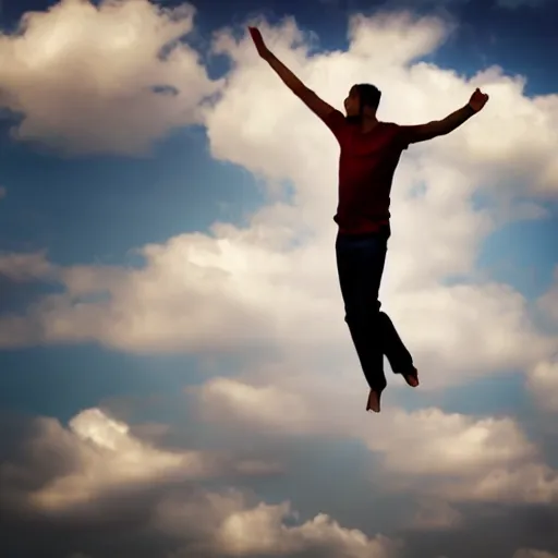 Image similar to a man floating in the sky, his past and the clouds are behind him