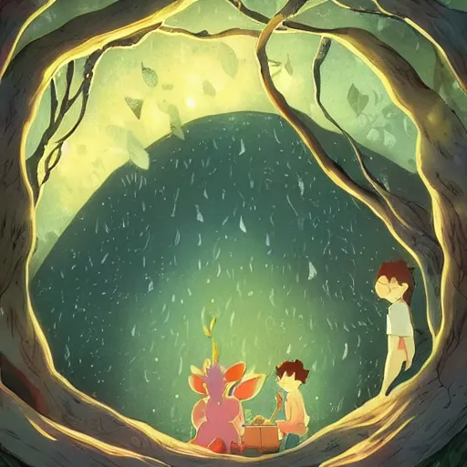 Prompt: a faerie and firefly couple living inside a hollow in a tree, masterpiece soft focus painting by kerascoet by marie pommepuy and sebastien cosset by studio ghibli, award winning illustration, bande dessinee, nostalgic painting, dynamic lighting