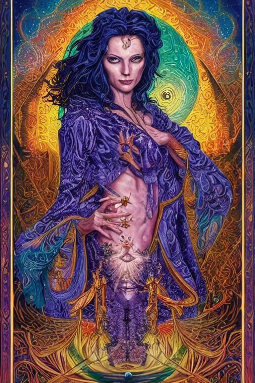 Prompt: beautiful tarot card of the queen of dreams by dan mumford and carol bak and alex grey, oil on canvas, intricate, border, symmetrical, portrait, 8k highly professionally detailed, HDR, CGsociety