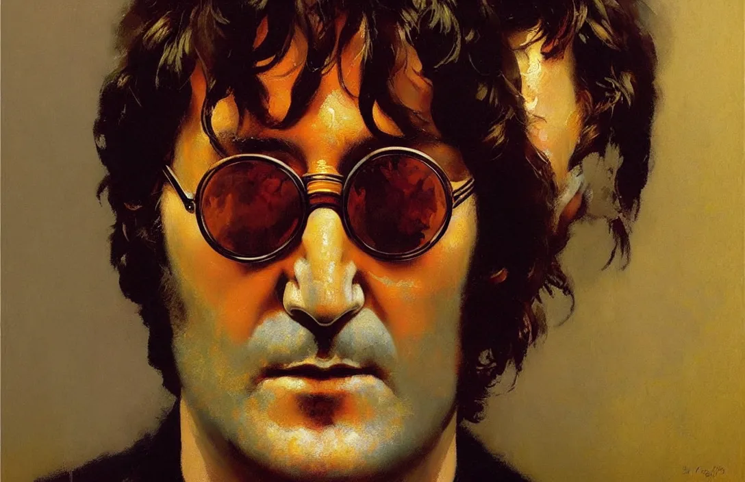 Image similar to portrait of john lennon!!!!!!!!!!!!!!!!!!!!!!!!!!!, detailed face, detailed painting,, epic lighting, by ilya repin, phil hale and kent williams