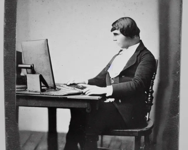 Prompt: an early 1800s photo of someone sitting at a computer looking for good textures to use