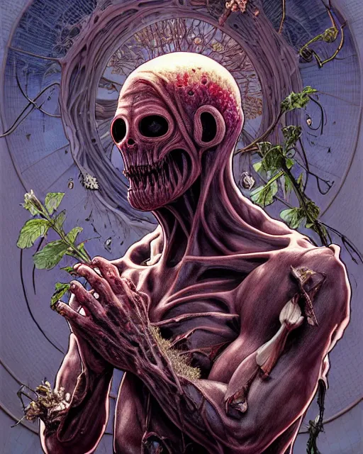 Image similar to the platonic ideal of flowers, rotting, insects and praying of cletus kasady ultimate carnage thanos dementor doctor manhattan chtulu nazgul davinci, detailed, intricate, hyperrealism, intense, scary, decay, dmt, art by brock hofer and artgerm and greg rutkowski and alphonse mucha