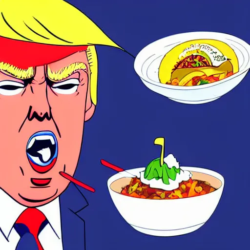 Image similar to beautiful digital painting portrait of donald trump eating a taco bowl in the style of studio trigger anime, 4 k, 8 k, hd, high resolution, highly detailed, intricate detail, ultra realistic faces, digital art, trending on artstation, kill la kill, gurren lagann