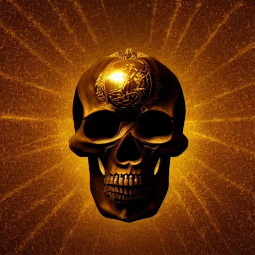 Image similar to chiaroscuro baroque still life octane render of a ray of god light shining on golden skull with head completely covered in engraved ancient runic inscriptions prophecies, spells, dark ominous background.