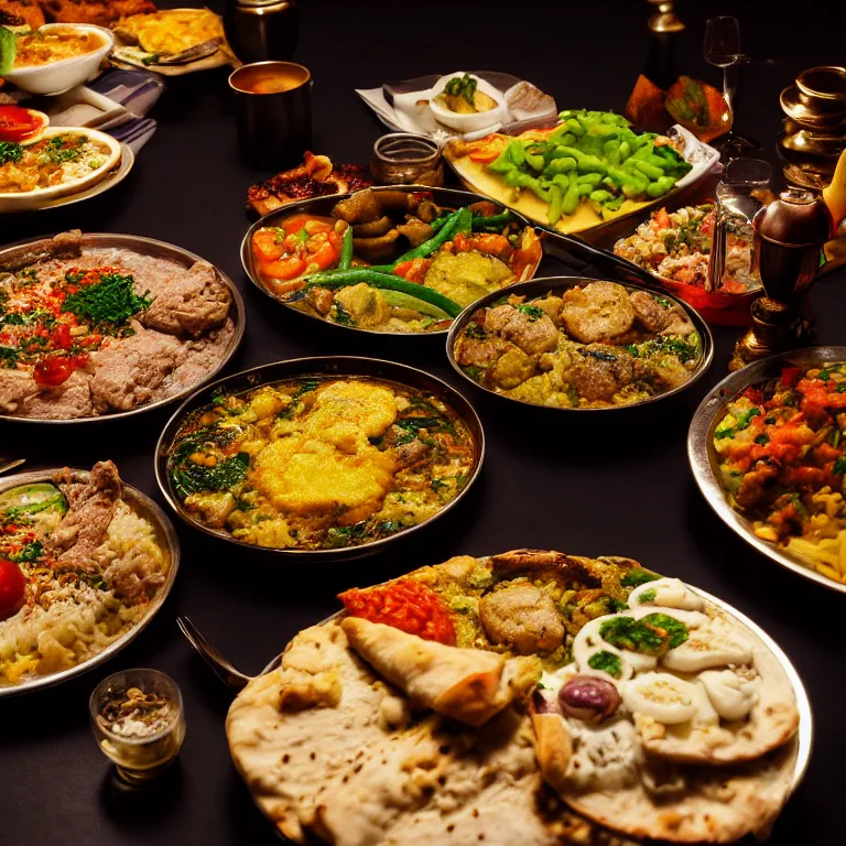 Prompt: close - up focused dslr photograph of an jordanian dinner, 8 k, high detail, volumetric lighting, hyperrealism, aesthetically pleasing, studio lighting, trending