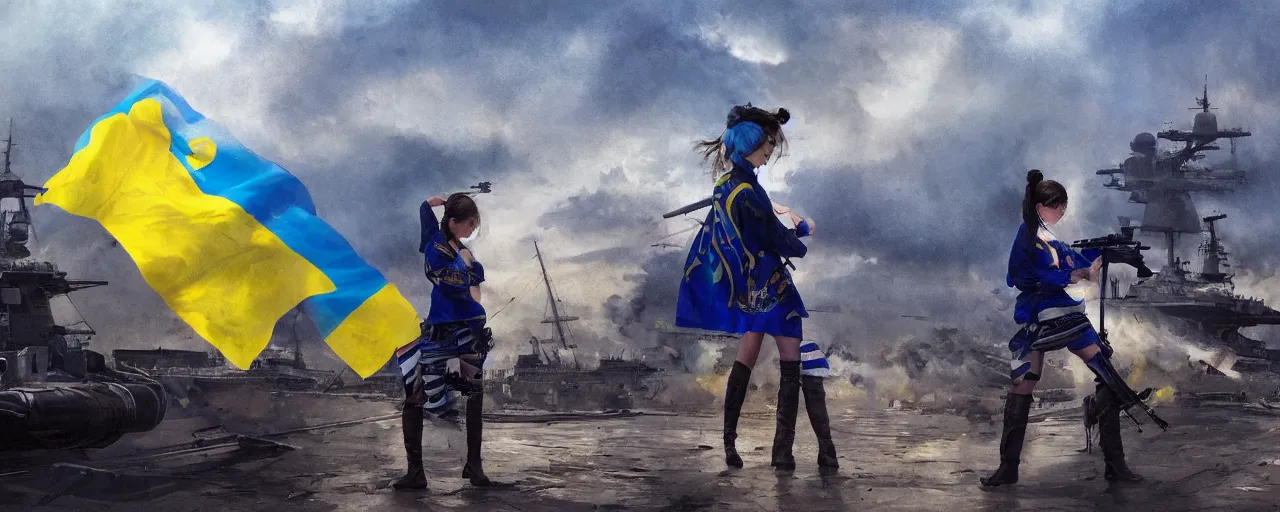 Image similar to third person views of a Ukrainian girl in national clothes with blue and yellow stripes in her hair and gun in her hands ready to fight standing against a huge Russian flag warship, concept art, highly detailed, smooth, sharp focus, illustration, wide shot, cinematic, 8k, art by Greg Rutkowski, trending on Artstation