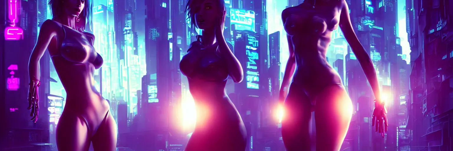 Prompt: backlit photography of a female humanoid in a cyberpunk cityscape, half body cropping, elegant glamor pose, accurate anatomy, cyber led neon lighting, bokeh, rule of thirds, hyper photorealistic, crispy quality, digital photography, art by pascal blanche, art by artgerm, art by greg rutkowski,