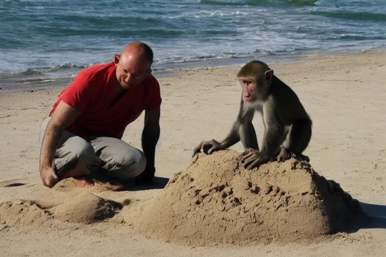 Image similar to a monkey touching a completed sand castle