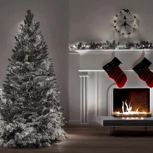 Image similar to vunter slaush creeping at night, dark image, horror, Christmas tree with lights, fireplace in background, inside living room. Dark spect, 4k realistic