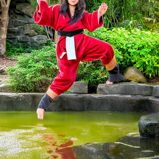 Prompt: a fluffy brown velveteen karate loving muppet with bunny ears and wearing a dark ninja robe with a red belt and practicing her karate out in nature by a koi pond, photorealistic, photography, ambient occlusion, rtx, national geographic, sesame street