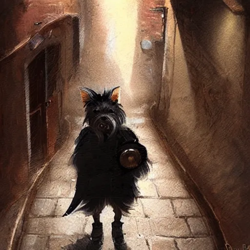 Image similar to detective yorkshire terrier wearing a fedora, in a dark alley, Greg Rutkowski, art station