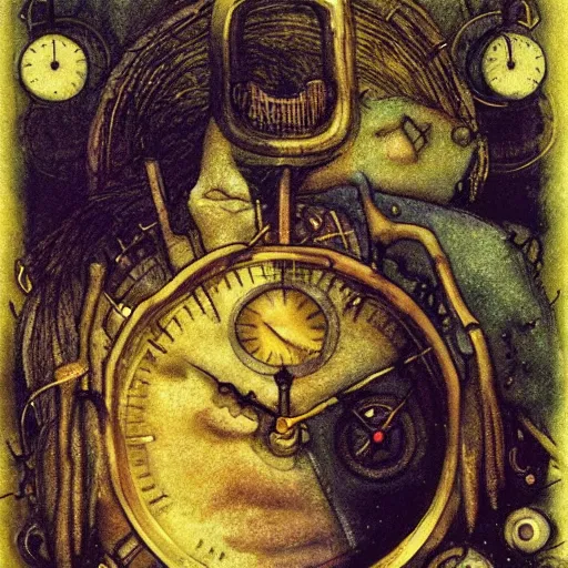 Prompt: clockwork figure, golden hour, illustration by Brian Froud and John Bauer