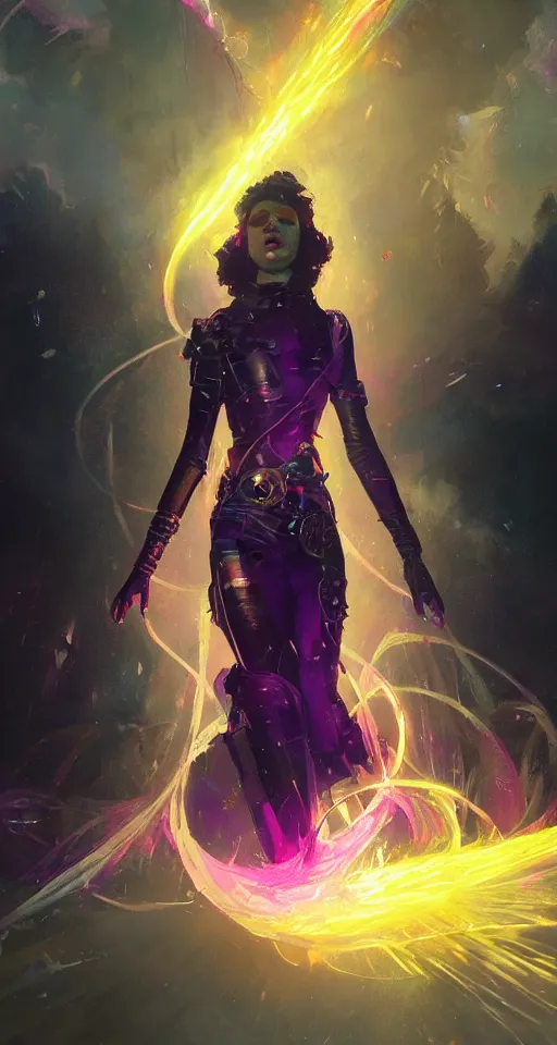 Image similar to she dreams of arcs of purple flame intertwined with glowing sparks, glinting particles of ice, dramatic lighting, steampunk, bright neon, secret holographic cyphers, red flowers, solar flares, high contrast, smooth, sharp focus, intricate art by greg rutkowski