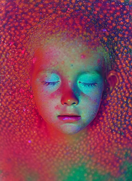 Image similar to realistic photo of a blurred face of a girl, covered in shriveling dead semi - translucent iridescent coral reef, emitting aura, 1 9 6 0, life magazine photo, natural colors, metropolitan museum, kodak, 8 k, very detailed, high resolution, product photo,