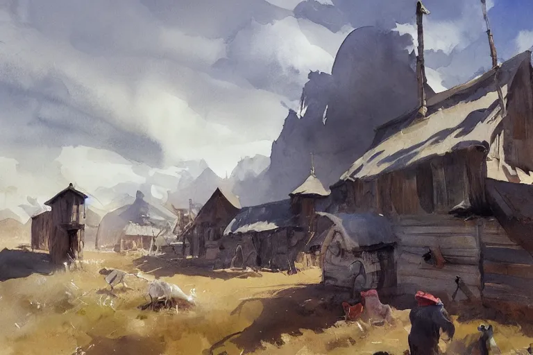 Prompt: paint brush strokes, abstract watercolor painting of western viking town, midday sharp light, dust, cinematic light, american romanticism by hans dahl, by jesper ejsing, by anders zorn, by greg rutkowski, by greg manchess, by tyler edlin