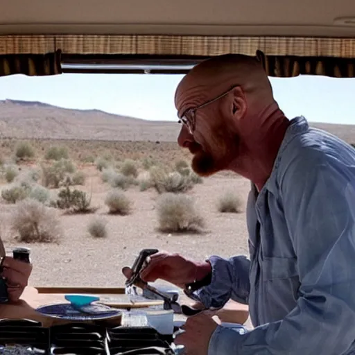 Image similar to walter white and jessie pinkman cooking meth in their rv in the desert,