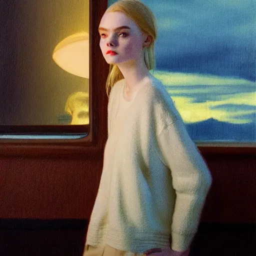 Image similar to Elle Fanning portrait at night in the world of Edward Hopper, stormy weather outside, extremely detailed masterpiece, oil on canvas, low-key neon lighting, artstation, Blade Runner 2049, Roger Deakin’s cinematography, by J. C. Leyendecker and Peter Paul Rubens,