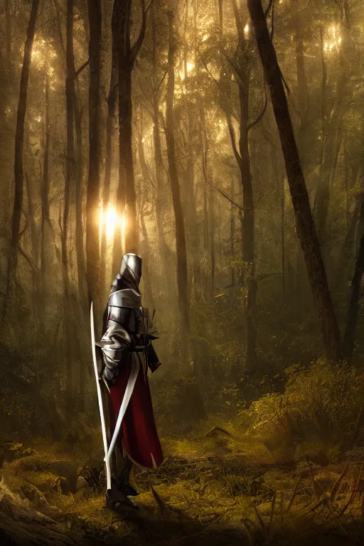 Image similar to a templar knight standing in a forest near a river at sunset, anatomically correct, hyperrealistic, concept art, octane render, unreal engine 5, trending on Artstation, high quality, 8K, highly detailed, symmetrical, five fingers, path tracing, soft lighting