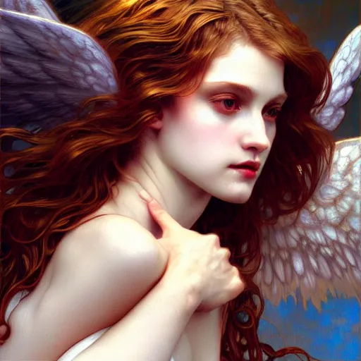 Image similar to Winged girl angel, face, fantasy, intricate, elegant, dramatic lighting, highly detailed, lifelike, photorealistic, digital painting, artstation, concept art, smooth, sharp focus, illustration, art by John Collier and Krenz Cushart and Artem Demura and Alphonse Mucha and and Albert Aublet