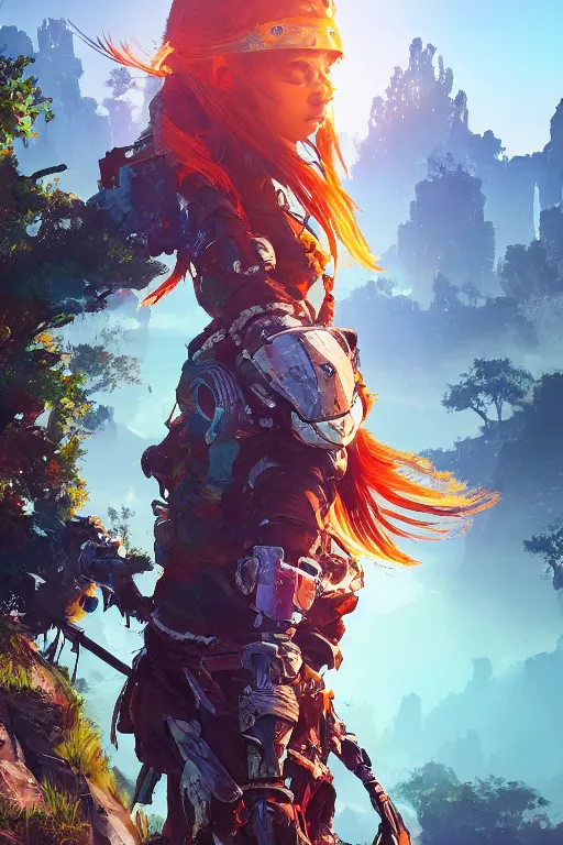 Image similar to combination suit armor aloy horizon forbidden west horizon zero dawn radiating a glowing aura global illumination ray tracing hdr fanart arstation by ian pesty and alena aenami artworks in 4 k tribal robot ninja mask helmet backpack