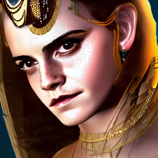 Image similar to portrait of Emma Watson as Cleopatra, ambient lighting, dynamic lighting, 4k, HQ, detailed, trending on artstation