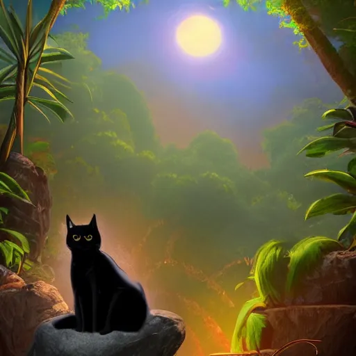 Prompt: a black cat seated on a rock in a jungle!, mist, tropical trees, vines, birds, sunset!, fluffy clouds, warm colors, beautiful lighting, digital art, intricate details, trending on artstation