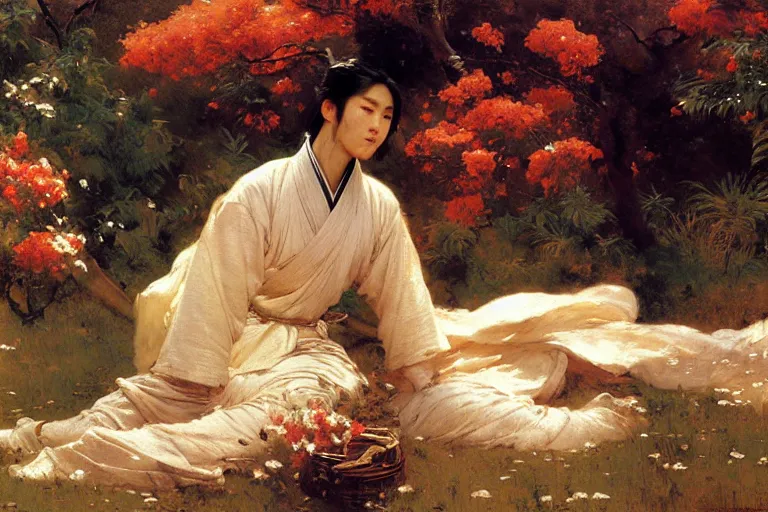 Image similar to wuxia, autumn, male rest in the garden, apricot flower falling, painting by gaston bussiere, craig mullins, j. c. leyendecker